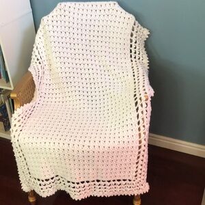 Vintage white hand crocheted knit baby blanket new born nursery christening
